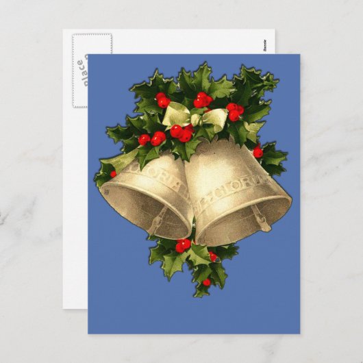 ヴィンテージビクトリアンクリスマスベルカード、シール シーズンポストカード (正面/裏面)