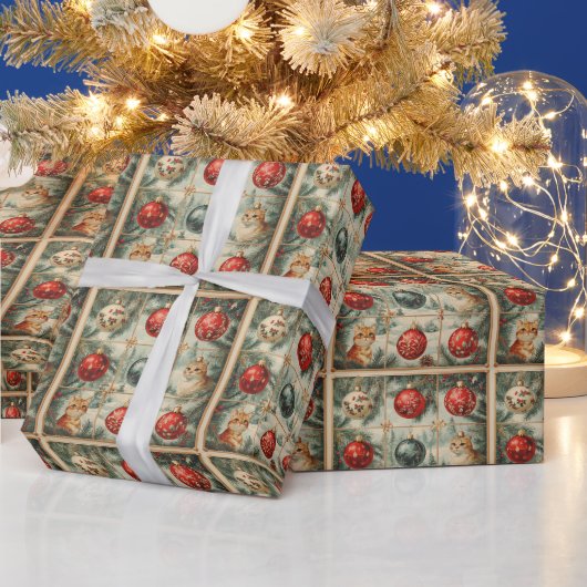 ヴィンテージビクトリアンクリスマス猫オーナメントパイン ラッピングペーパー (クリスマス)