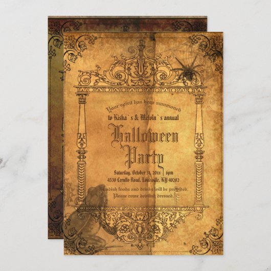 ヴィンテージビクトリアンゴシックウィッチハローウィンパーティ 招待状 (正面/裏面)