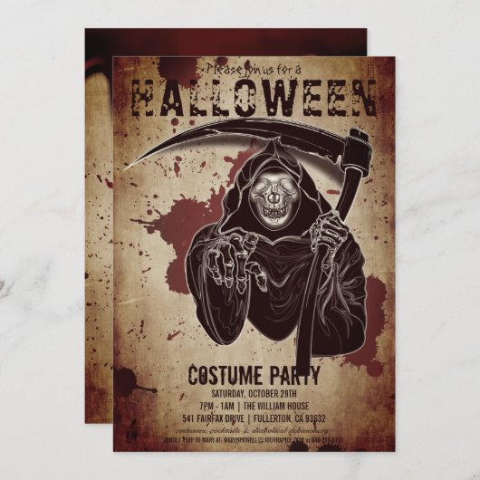 ヴィンテージビクトリアンゴシックスカルハローウィンパーティ 招待状 (正面/裏面)