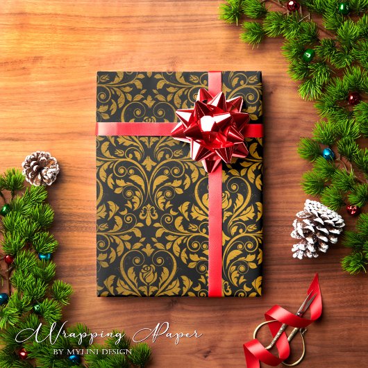 ヴィンテージビクトリアンゴシック黒金ゴールドダマスクシャビー ラッピングペーパー