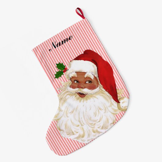 ヴィンテージビクトリアンサンタクロースレッド&ホワイトストライプL ラージクリスマスストッキング (裏面 (吊り時))