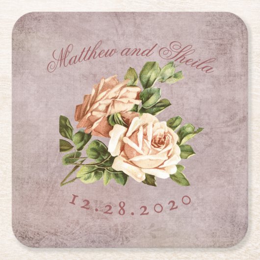 ヴィンテージビクトリアンシャビーシックバラ スクエアペーパーコースター (正面)