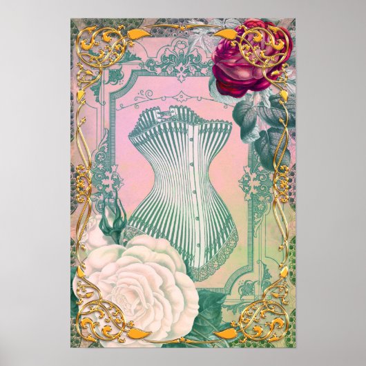 ヴィンテージビクトリアンセットとバラピンクとブルー ポスター (正面)