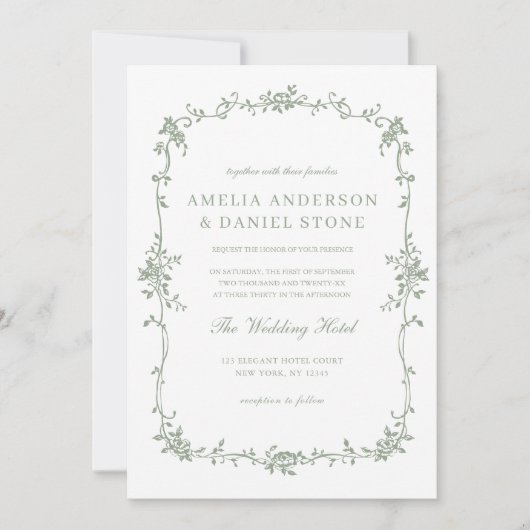 ヴィンテージビクトリアンセージ緑のフローラ結婚ズ 招待状 (正面)