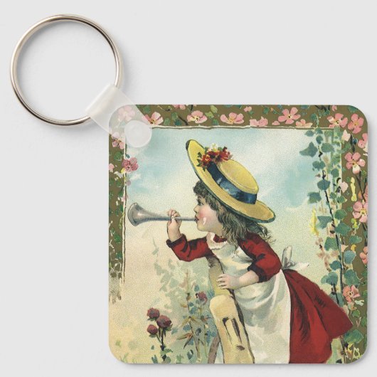 ヴィンテージビクトリアンチャイルドガールズ吹ラッパ草原 キーホルダー (正面)