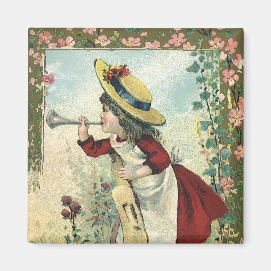 ヴィンテージビクトリアンチャイルドガールズ吹ラッパ草原 マグネット (正面)