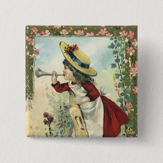 ヴィンテージビクトリアンチャイルドガールズ吹ラッパ草原 缶バッジ (正面)