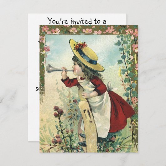 ヴィンテージビクトリアンチャイルドガールビュルバースデーパーティー 招待状 (正面/裏面)