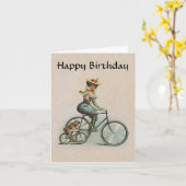 ヴィンテージビクトリアンドッグ自転車誕生日 カード (黄色い花)