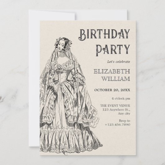 ヴィンテージビクトリアンドレス誕生日 招待状 (正面)