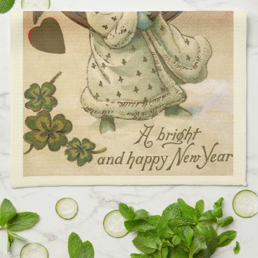 ヴィンテージビクトリアンニューイヤーエブシャンパンエンジェル キッチンタオル (折り畳み)