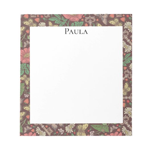 ヴィンテージビクトリアンバタフライオールド鍵ホワイトデイジー ノートパッド (正面)