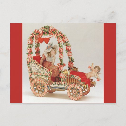 ヴィンテージビクトリアンバレンタインの日,花を伴う車 シーズンポストカード (正面)