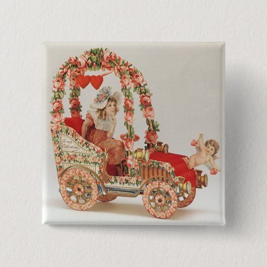 ヴィンテージビクトリアンバレンタインの日，花を伴う車 缶バッジ (正面)