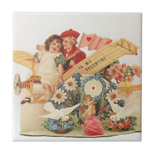 ヴィンテージビクトリアンバレンタインの日、飛行機の子供たち タイル (正面)