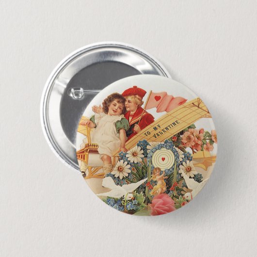 ヴィンテージビクトリアンバレンタインの日、飛行機の子供たち 缶バッジ (正面&裏面)