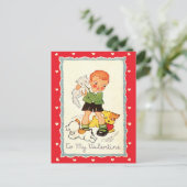 ヴィンテージビクトリアンバレンタインの男の子，猫と犬 シーズンポストカード (スタンド正面)