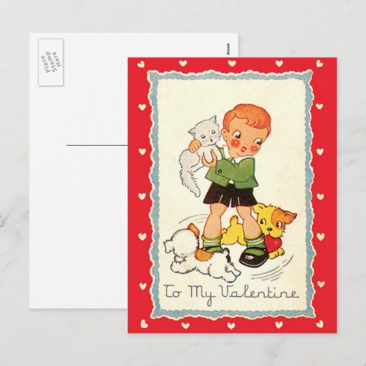 ヴィンテージビクトリアンバレンタインの男の子，猫と犬 シーズンポストカード (正面/裏面)