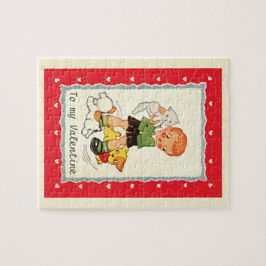 ヴィンテージビクトリアンバレンタインの男の子,猫と犬 ジグソーパズル (横)