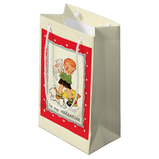 ヴィンテージビクトリアンバレンタインの男の子,猫と犬 スモールペーパーバッグ (正面アングル)