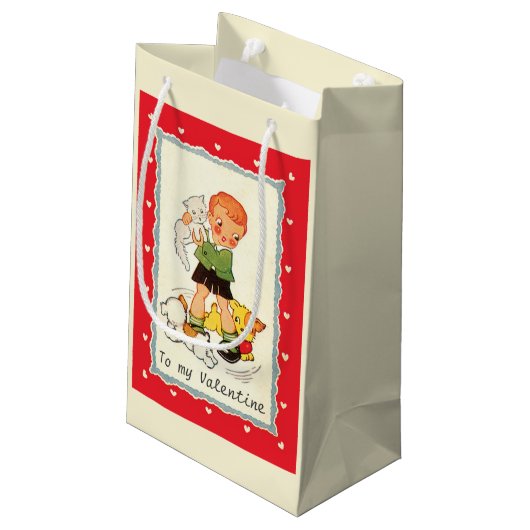 ヴィンテージビクトリアンバレンタインの男の子，猫と犬 スモールペーパーバッグ (裏面アングル)