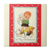 ヴィンテージビクトリアンバレンタインの男の子，猫と犬 タイル (正面)