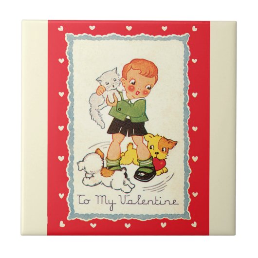 ヴィンテージビクトリアンバレンタインの男の子,猫と犬 タイル (正面)