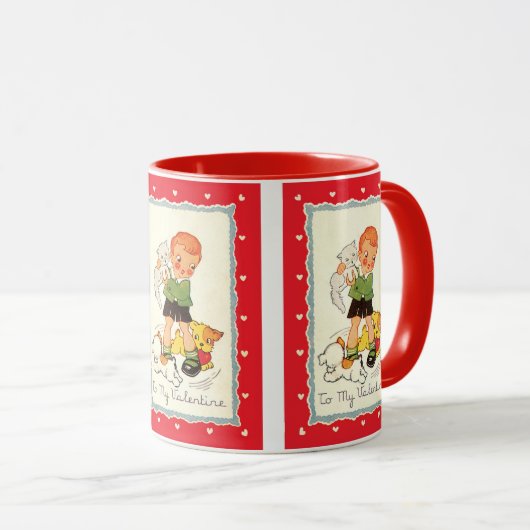 ヴィンテージビクトリアンバレンタインの男の子，猫と犬 マグカップ (正面右)