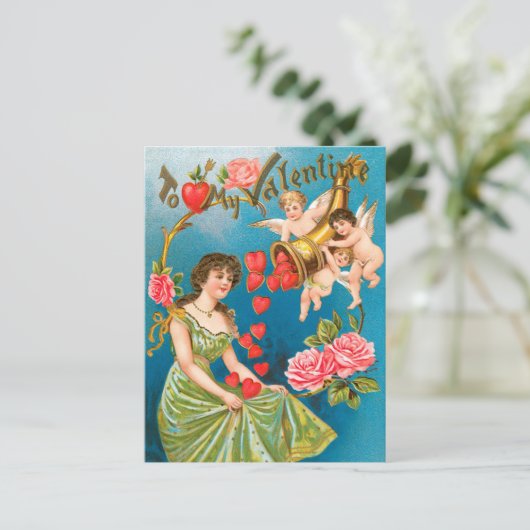 ヴィンテージビクトリアンバレンタインデイエンジェル&ハート シーズンポストカード (スタンド正面)