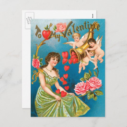 ヴィンテージビクトリアンバレンタインデイエンジェル&ハート シーズンポストカード (正面/裏面)