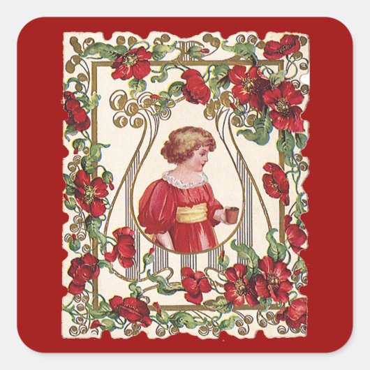 ヴィンテージビクトリアンバレンタインデーのバラ スクエアシール (正面)