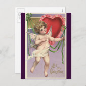 ヴィンテージビクトリアンバレンタインデーハート付きキューピッド シーズンポストカード (正面/裏面)