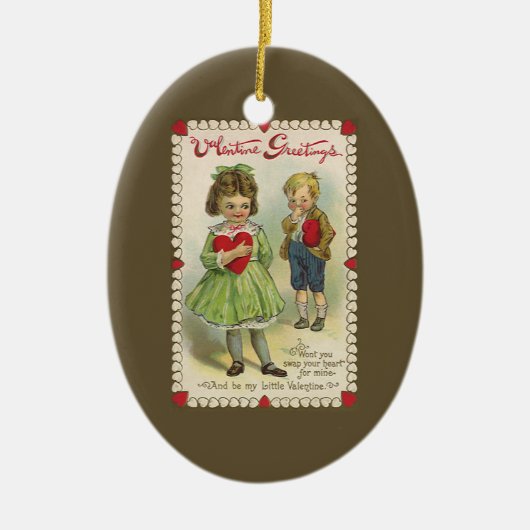 ヴィンテージビクトリアンバレンタインデー，シャイな子ども セラミックオーナメント (正面)