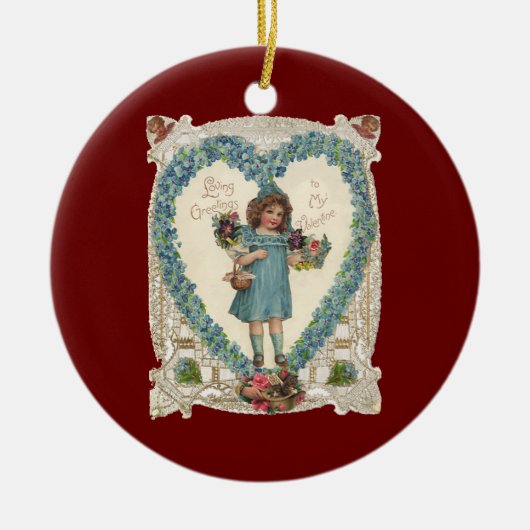 ヴィンテージビクトリアンバレンタインデー、ハートリース セラミックオーナメント (正面)