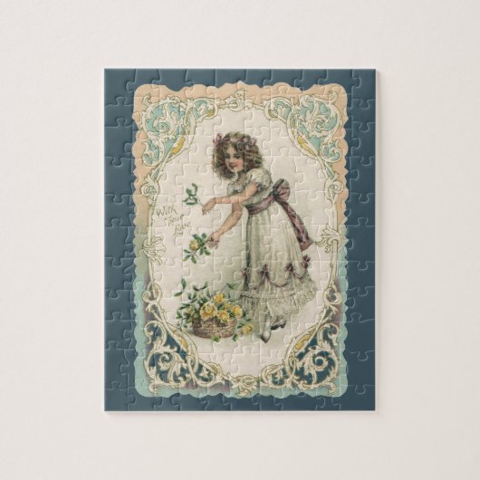 ヴィンテージビクトリアンバレンタインデー、バラ付き女の子 ジグソーパズル (縦)