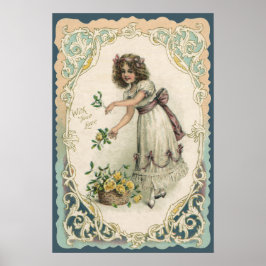 ヴィンテージビクトリアンバレンタインデー、バラ付き女の子 ポスター