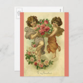 ヴィンテージビクトリアンバレンタインデー，天使のバラ シーズンポストカード (正面/裏面)