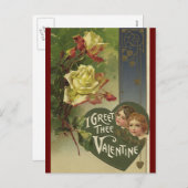 ヴィンテージビクトリアンバレンタインデー，女の子とバラ シーズンポストカード (正面/裏面)