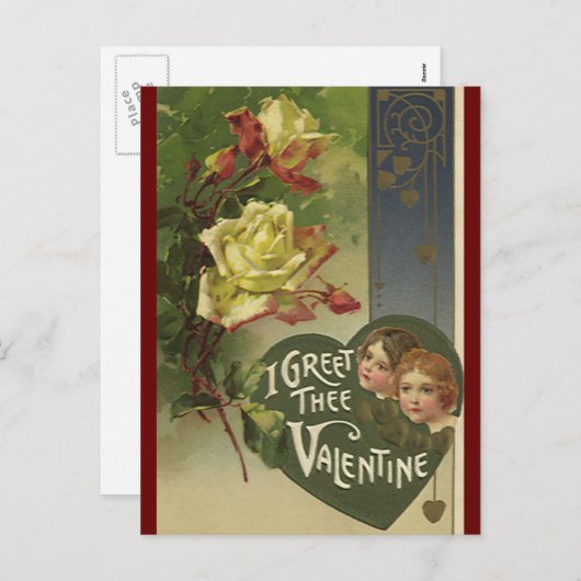 ヴィンテージビクトリアンバレンタインデー，女の子とバラ シーズンポストカード (正面/裏面)