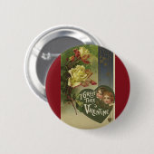 ヴィンテージビクトリアンバレンタインデー，女の子とバラ 缶バッジ (正面&裏面)