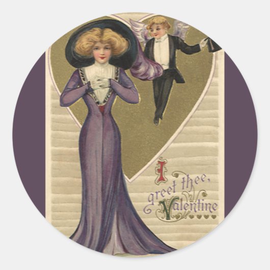 ヴィンテージビクトリアンバレンタインデー、紫の女性 ラウンドシール (正面)
