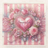 ヴィンテージビクトリアンバレンタインフローラハート ガラスコースター (正面)