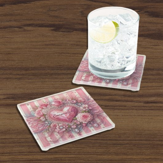 ヴィンテージビクトリアンバレンタインフローラハート ガラスコースター