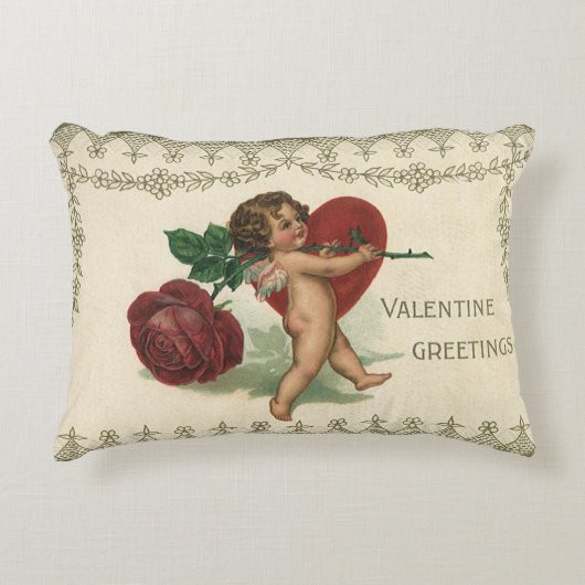 ヴィンテージビクトリアンバレンタインCherub、バラ、ハート アクセントクッション (正面)