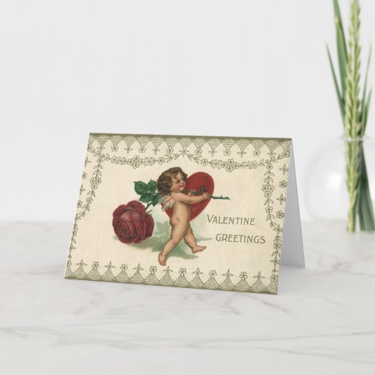 ヴィンテージビクトリアンバレンタインCherub、バラ、ハート シーズンカード (正面)