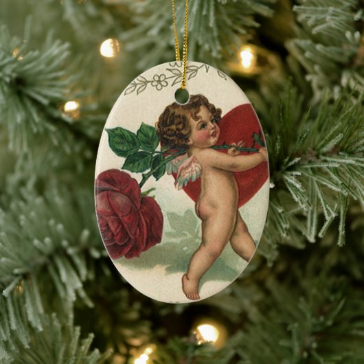 ヴィンテージビクトリアンバレンタインCherub、バラ、ハート セラミックオーナメント (ツリー)