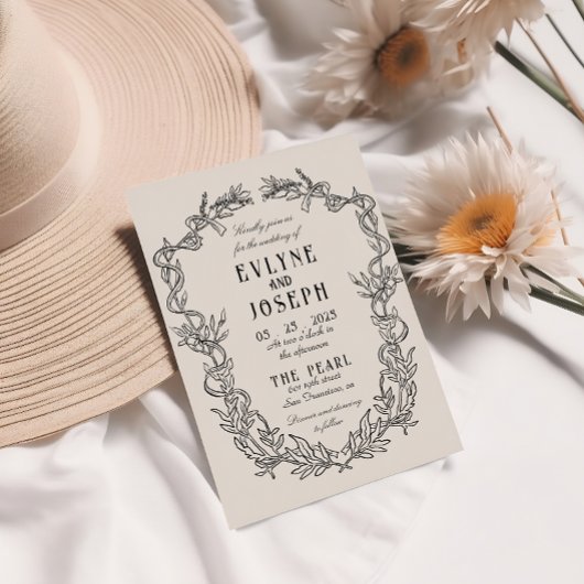 ヴィンテージビクトリアンバロック黒フローラ結婚ズ 招待状