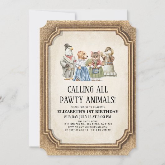 ヴィンテージビクトリアンパウィティアニマルズガール誕生日 招待状 (正面)