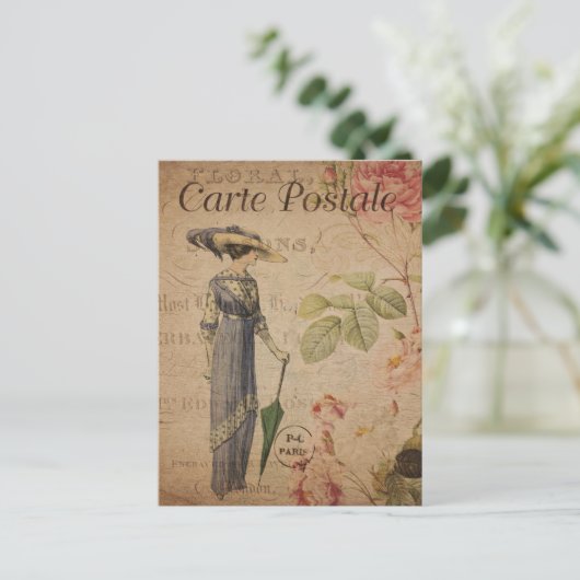 ヴィンテージビクトリアンパラソル付き女性 ポストカード (スタンド正面)